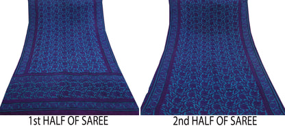 Indian Vintage Blue & Purple Saree Pure Crepe Silk Printed Sari 6yd Sewing Soft Craft Fabric Wrap Dress making Crafting Quilting Upcycle