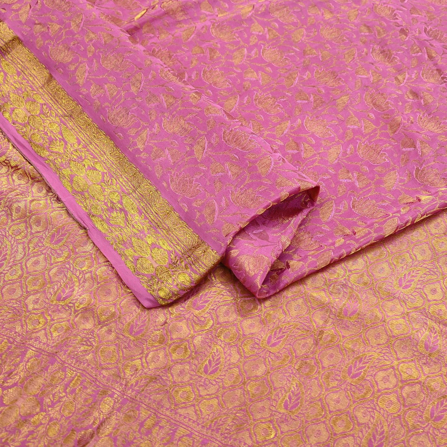 Indian Vintage Pink Heavy Saree Pure Silk saree Banarasi Brocade Sari Craft Fabric Golden Zari 6Yd Floral Design Dress making Crafting