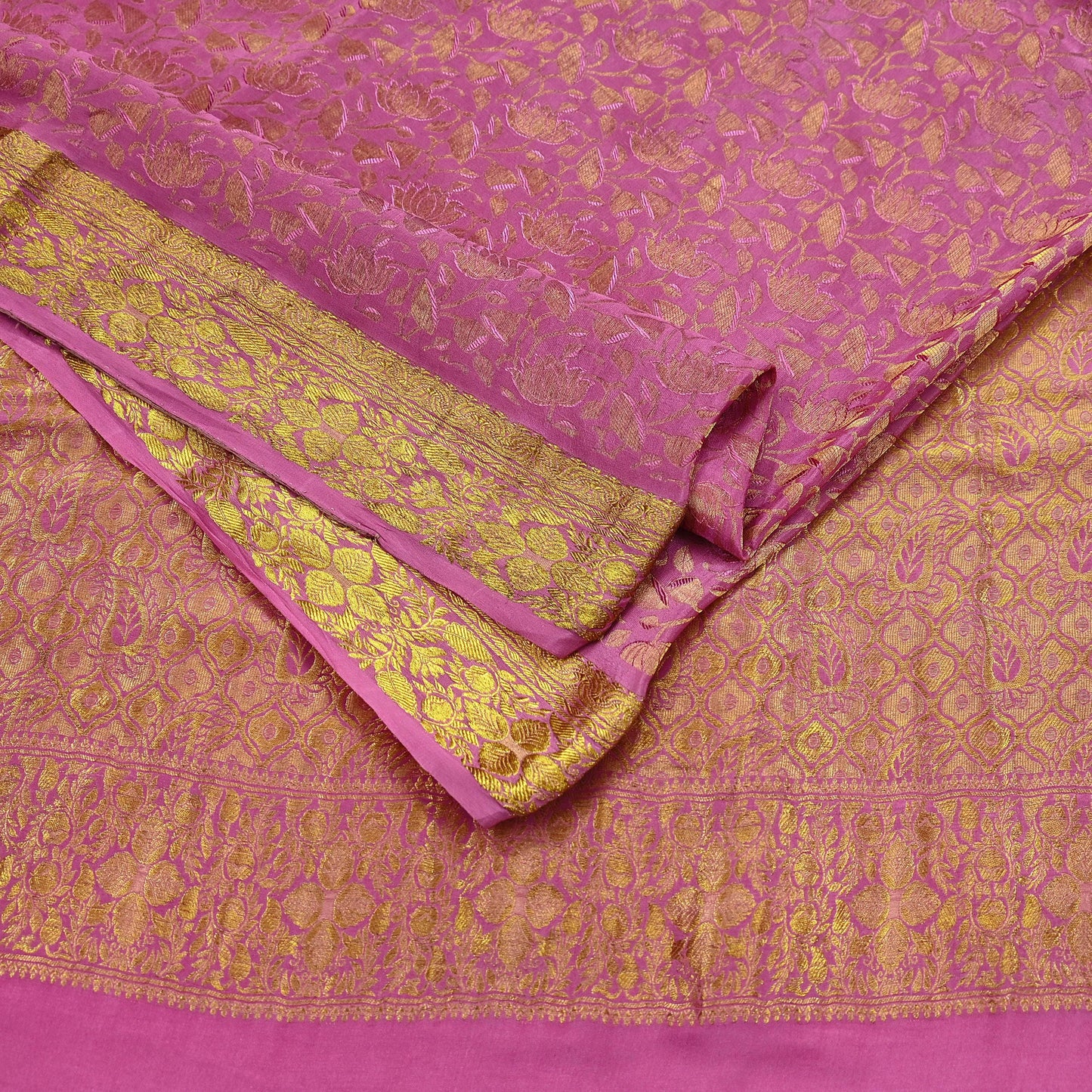 Indian Vintage Pink Heavy Saree Pure Silk saree Banarasi Brocade Sari Craft Fabric Golden Zari 6Yd Floral Design Dress making Crafting