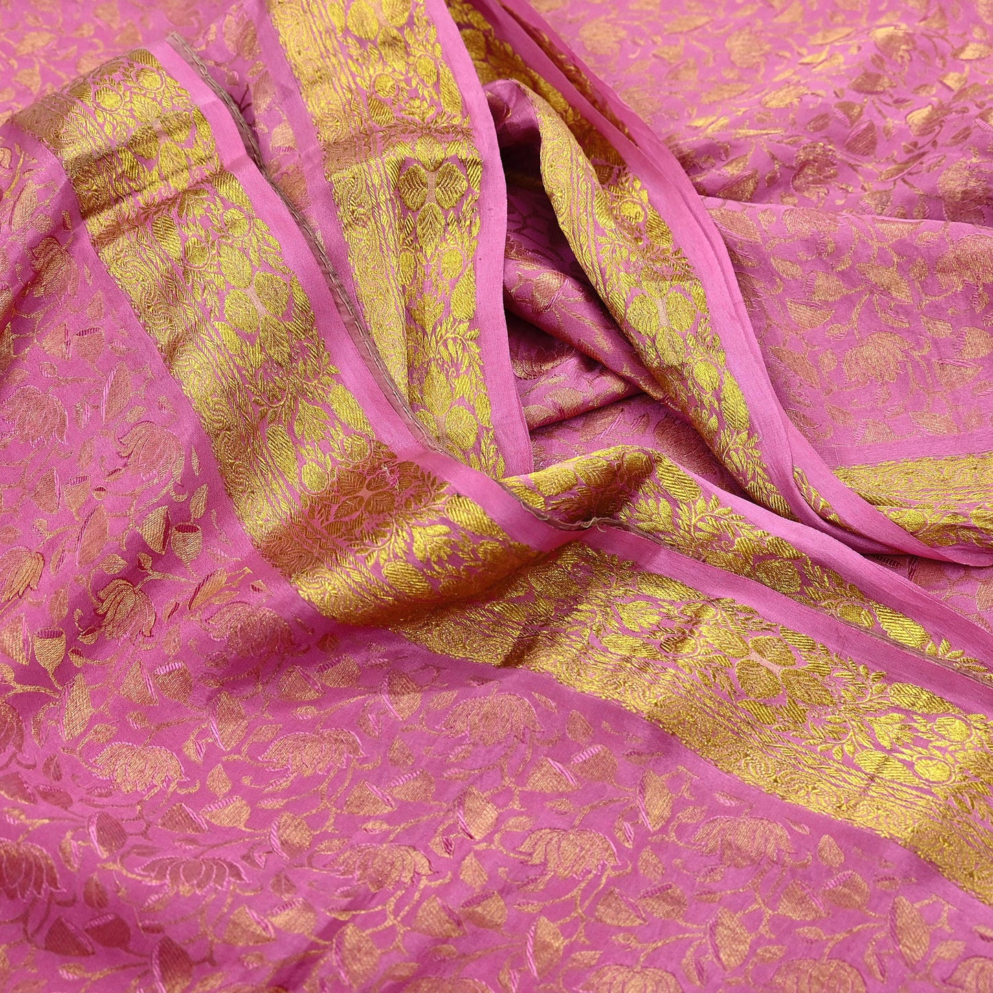 Indian Vintage Pink Heavy Saree Pure Silk saree Banarasi Brocade Sari Craft Fabric Golden Zari 6Yd Floral Design Dress making Crafting