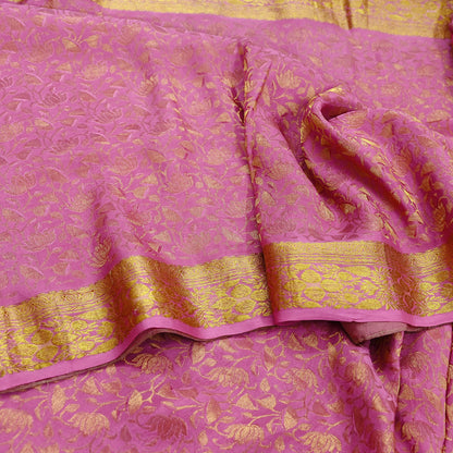 Indian Vintage Pink Heavy Saree Pure Silk saree Banarasi Brocade Sari Craft Fabric Golden Zari 6Yd Floral Design Dress making Crafting