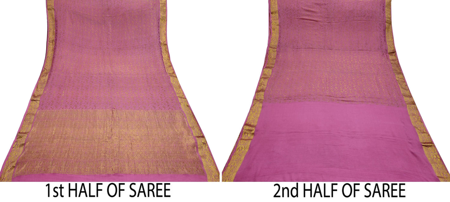 Indian Vintage Pink Heavy Saree Pure Silk saree Banarasi Brocade Sari Craft Fabric Golden Zari 6Yd Floral Design Dress making Crafting