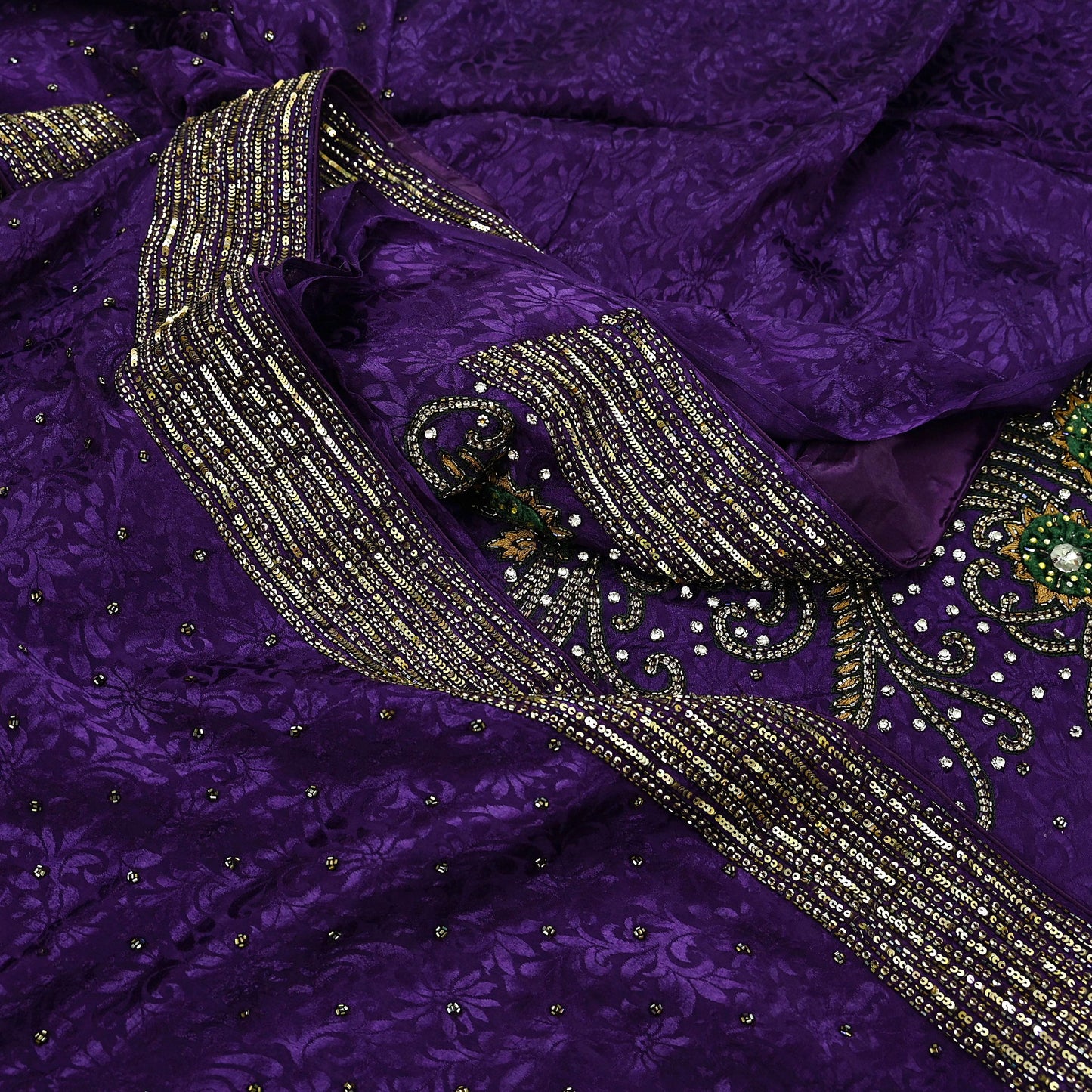 Indian Vintage Heavy Sari Purple Pure Crepe Silk Hand Embroidered Sarees Craft Fabric 6Yd Sewing Zardozi Dress making With Blouse Pcs
