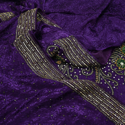 Indian Vintage Heavy Sari Purple Pure Crepe Silk Hand Embroidered Sarees Craft Fabric 6Yd Sewing Zardozi Dress making With Blouse Pcs