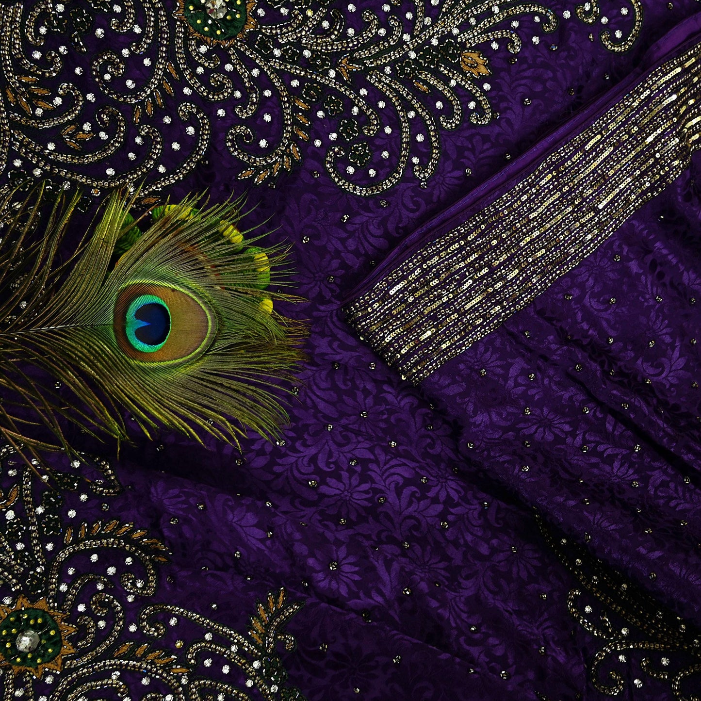 Indian Vintage Heavy Sari Purple Pure Crepe Silk Hand Embroidered Sarees Craft Fabric 6Yd Sewing Zardozi Dress making With Blouse Pcs