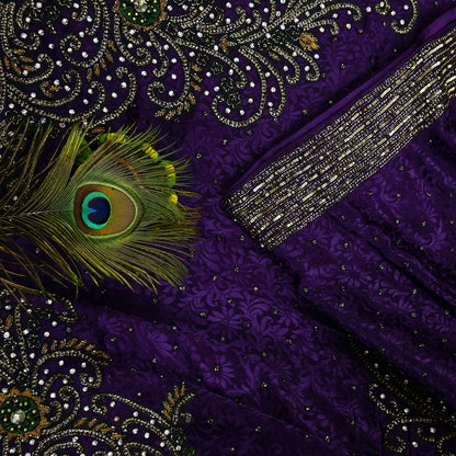 Indian Vintage Heavy Sari Purple Pure Crepe Silk Hand Embroidered Sarees Craft Fabric 6Yd Sewing Zardozi Dress making With Blouse Pcs