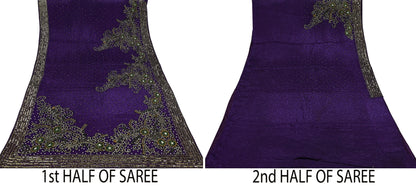 Indian Vintage Heavy Sari Purple Pure Crepe Silk Hand Embroidered Sarees Craft Fabric 6Yd Sewing Zardozi Dress making With Blouse Pcs