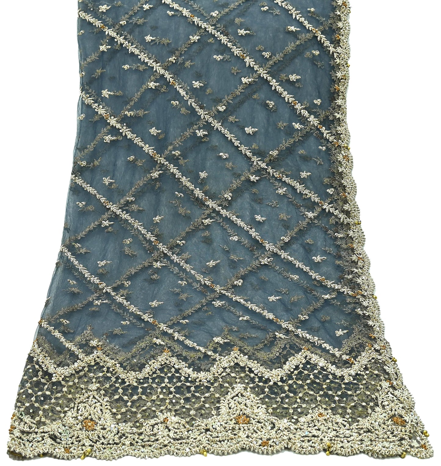 Indian Vintage Gray Dupatta Net Mesh Long Stole Hand Embroidered Scarves Golden Zardozi Zari Hijab Veil wrap Boho