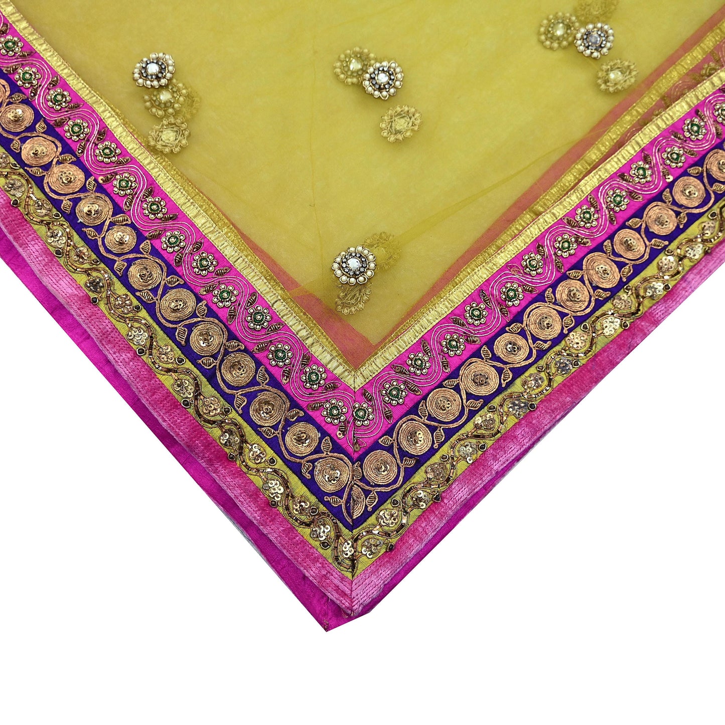 Indian Vintage Heavy Party Green Dupatta Net Mesh Long Stole Hand Embroidered Scarves Golden Zardozi Dabka Zari Bridal Veil Hijab