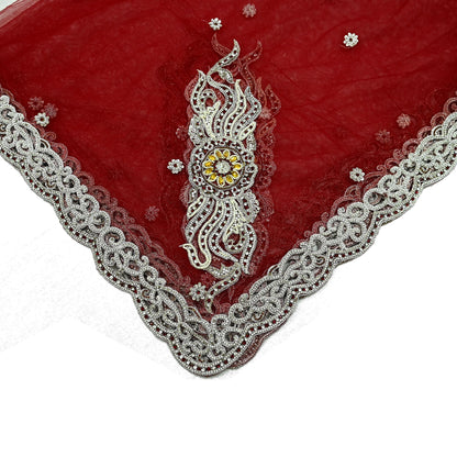 Indian Vintage Heavy Bridal Red Dupatta Net Mesh Long Stole Hand Embroidered Scarves Zardozi Dabka Zari Wedding dupatta veil hijab
