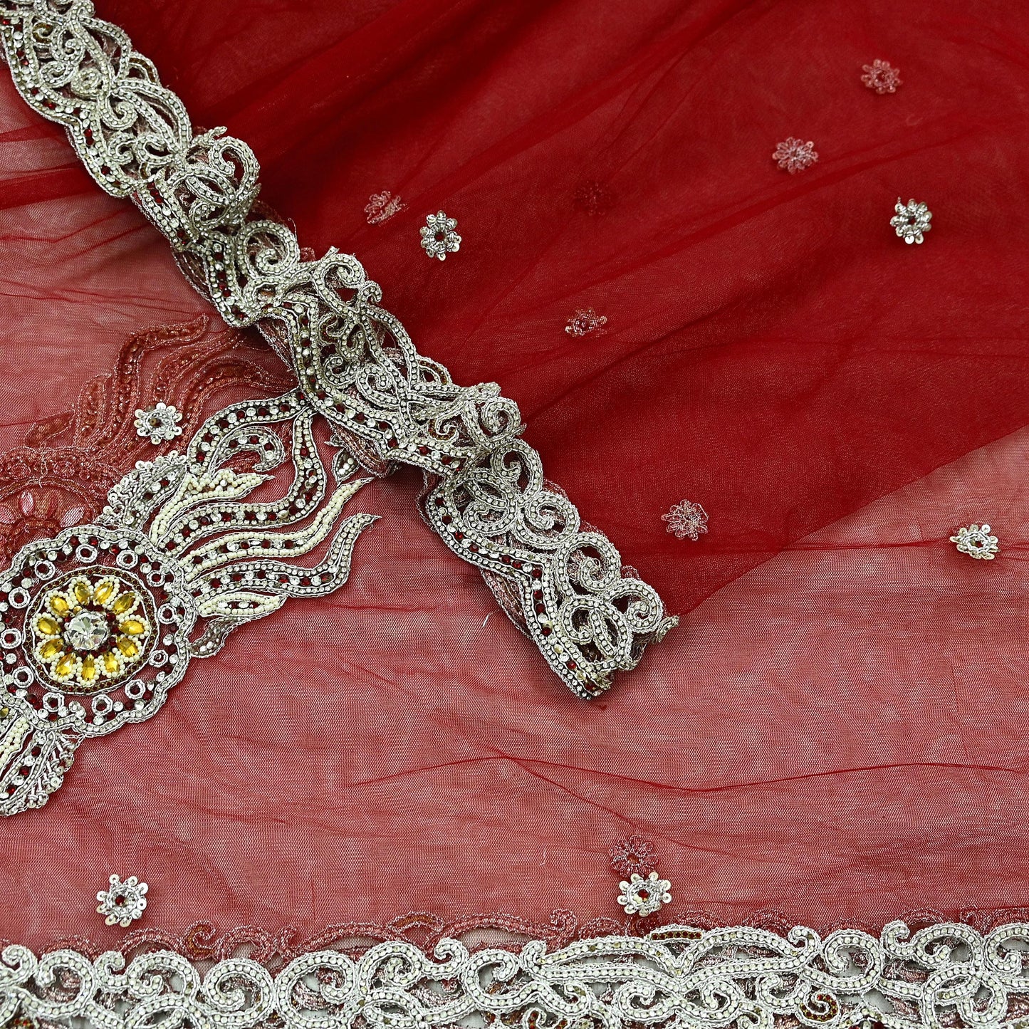 Indian Vintage Heavy Bridal Red Dupatta Net Mesh Long Stole Hand Embroidered Scarves Zardozi Dabka Zari Wedding dupatta veil hijab