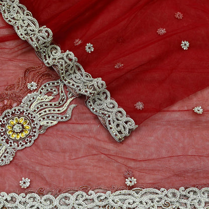 Indian Vintage Heavy Bridal Red Dupatta Net Mesh Long Stole Hand Embroidered Scarves Zardozi Dabka Zari Wedding dupatta veil hijab