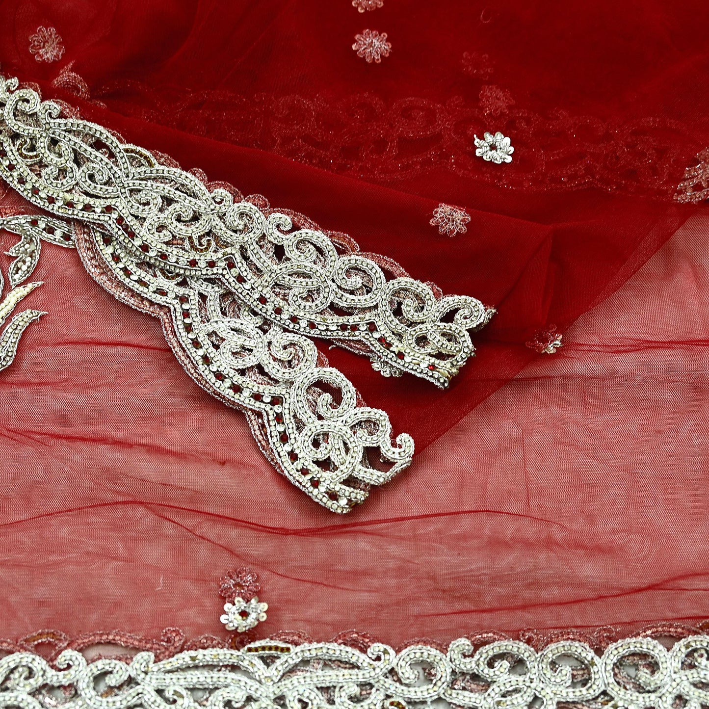 Indian Vintage Heavy Bridal Red Dupatta Net Mesh Long Stole Hand Embroidered Scarves Zardozi Dabka Zari Wedding dupatta veil hijab