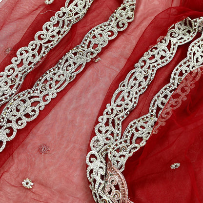 Indian Vintage Heavy Bridal Red Dupatta Net Mesh Long Stole Hand Embroidered Scarves Zardozi Dabka Zari Wedding dupatta veil hijab