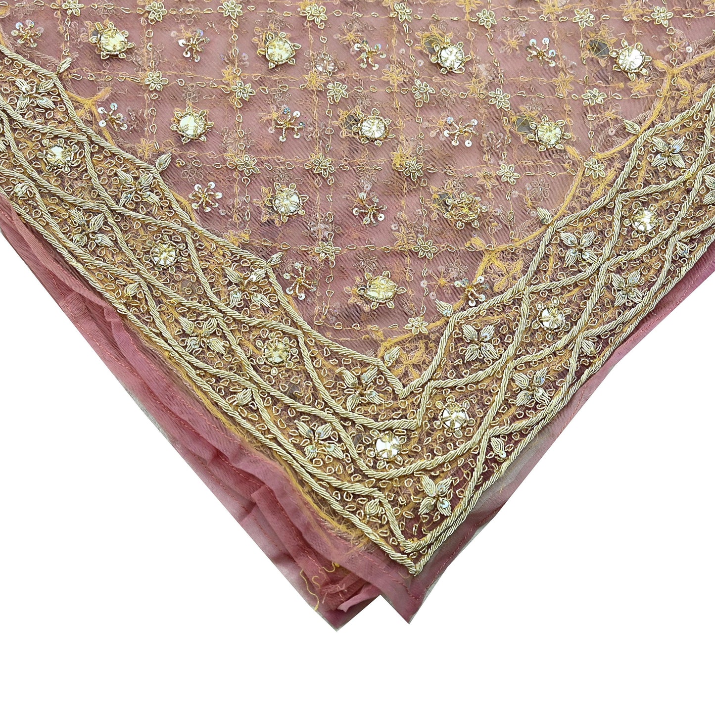 Indian Vintage Heavy Pink & Yellow Dupatta Net Mesh Long Stole Hand Embroidered Scarves Golden Zardozi Dabka Zari Sequins