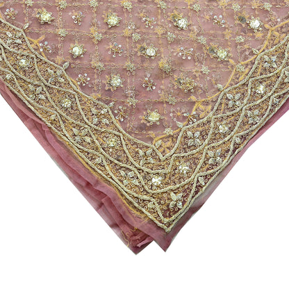 Indian Vintage Heavy Pink & Yellow Dupatta Net Mesh Long Stole Hand Embroidered Scarves Golden Zardozi Dabka Zari Sequins