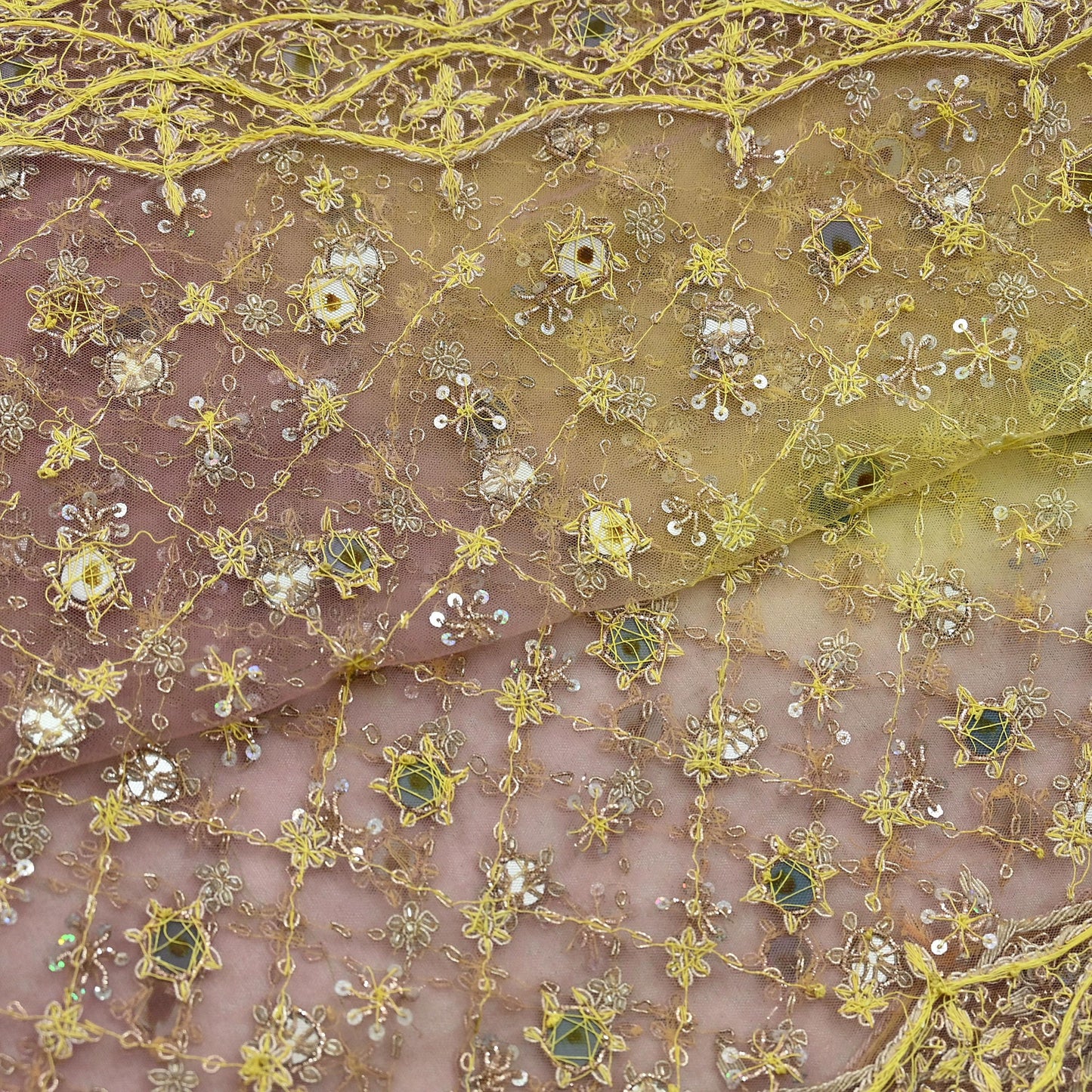 Indian Vintage Heavy Pink & Yellow Dupatta Net Mesh Long Stole Hand Embroidered Scarves Golden Zardozi Dabka Zari Sequins