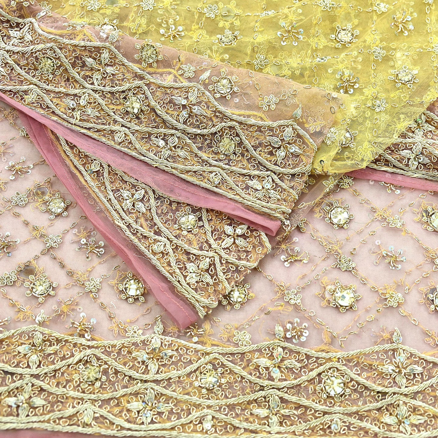 Indian Vintage Heavy Pink & Yellow Dupatta Net Mesh Long Stole Hand Embroidered Scarves Golden Zardozi Dabka Zari Sequins