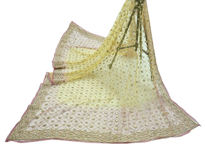 Indian Vintage Heavy Pink & Yellow Dupatta Net Mesh Long Stole Hand Embroidered Scarves Golden Zardozi Dabka Zari Sequins