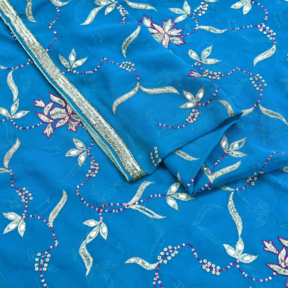 Indian Vintage Heavy Blue Dupatta Pure Georgette Silk Long Stole Hand Embroidered Scarf Zardozi, Zari Scarves Wrap Hijab Veil
