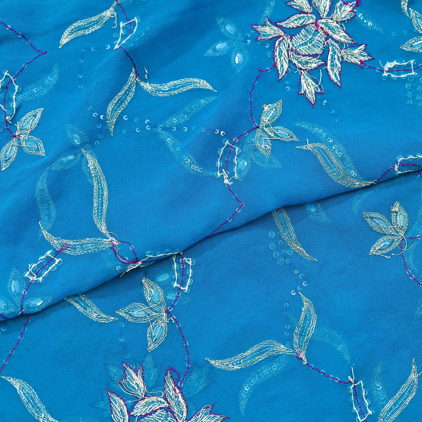 Indian Vintage Heavy Blue Dupatta Pure Georgette Silk Long Stole Hand Embroidered Scarf Zardozi, Zari Scarves Wrap Hijab Veil