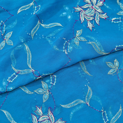 Indian Vintage Heavy Blue Dupatta Pure Georgette Silk Long Stole Hand Embroidered Scarf Zardozi, Zari Scarves Wrap Hijab Veil