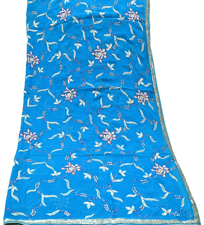 Indian Vintage Heavy Blue Dupatta Pure Georgette Silk Long Stole Hand Embroidered Scarf Zardozi, Zari Scarves Wrap Hijab Veil
