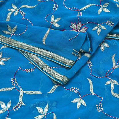Indian Vintage Heavy Blue Dupatta Pure Georgette Silk Long Stole Hand Embroidered Scarf Zardozi, Zari Scarves Wrap Hijab Veil