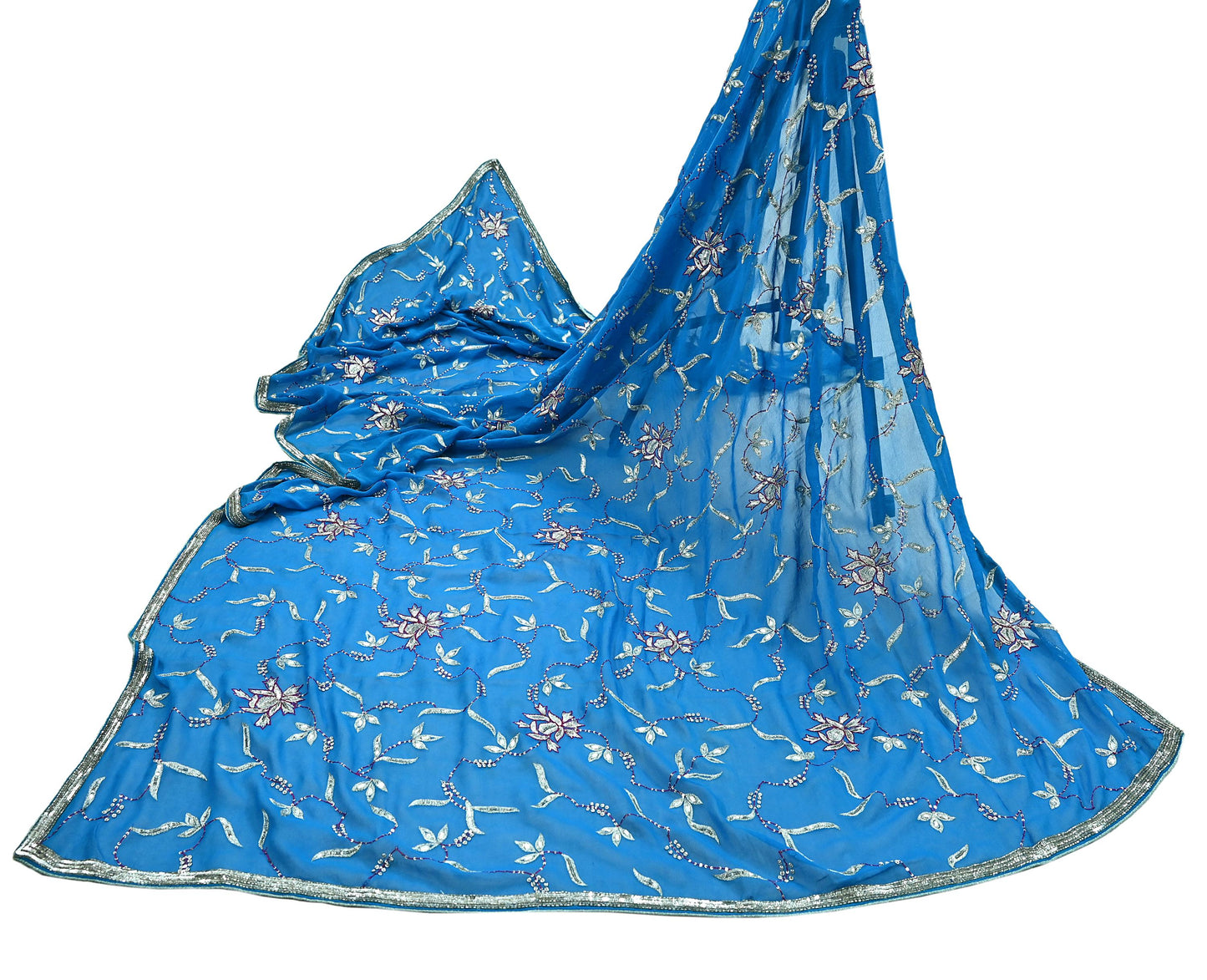 Indian Vintage Heavy Blue Dupatta Pure Georgette Silk Long Stole Hand Embroidered Scarf Zardozi, Zari Scarves Wrap Hijab Veil
