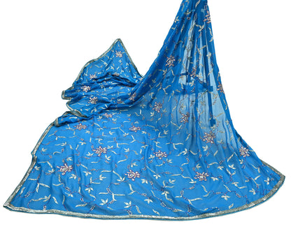 Indian Vintage Heavy Blue Dupatta Pure Georgette Silk Long Stole Hand Embroidered Scarf Zardozi, Zari Scarves Wrap Hijab Veil