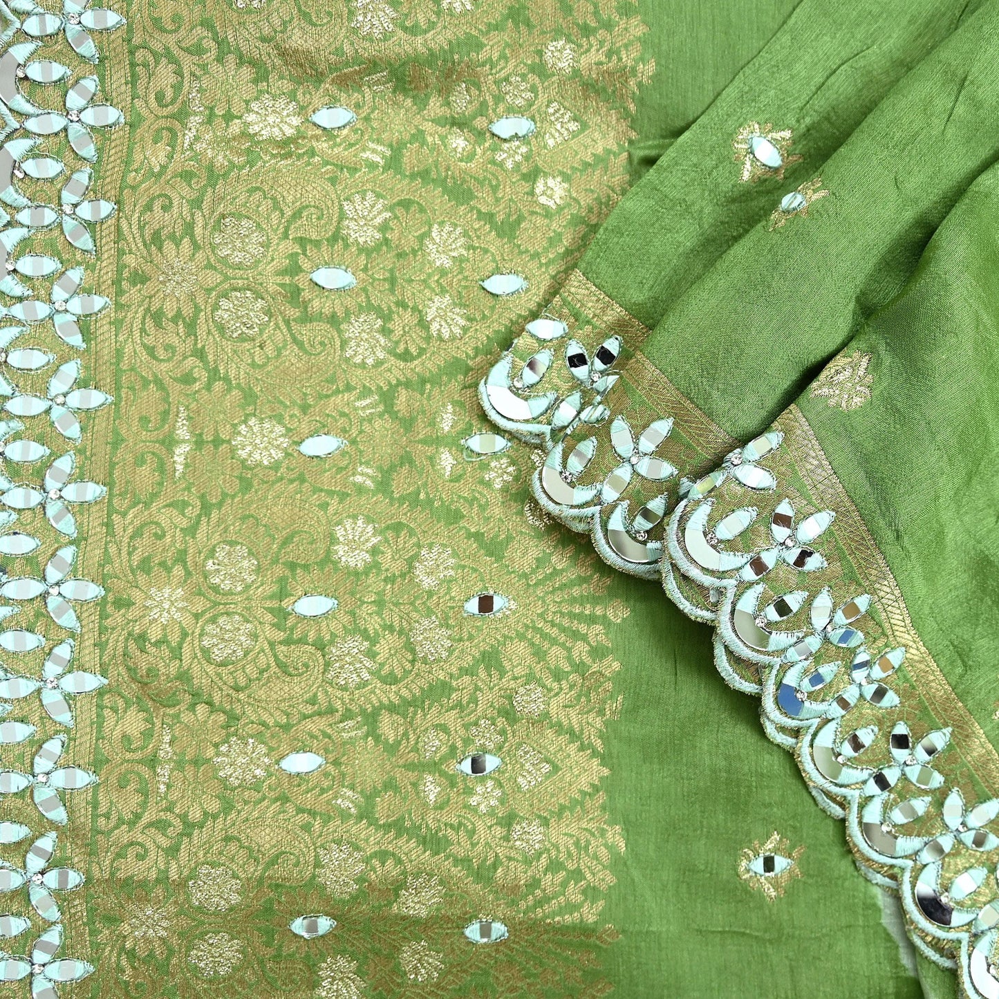Indian Vintage Green Dupatta Long Stole Blend silk Woven Brocade Scarves Veil Scarf Wrap Hippie Boho Soft Floral Mirror