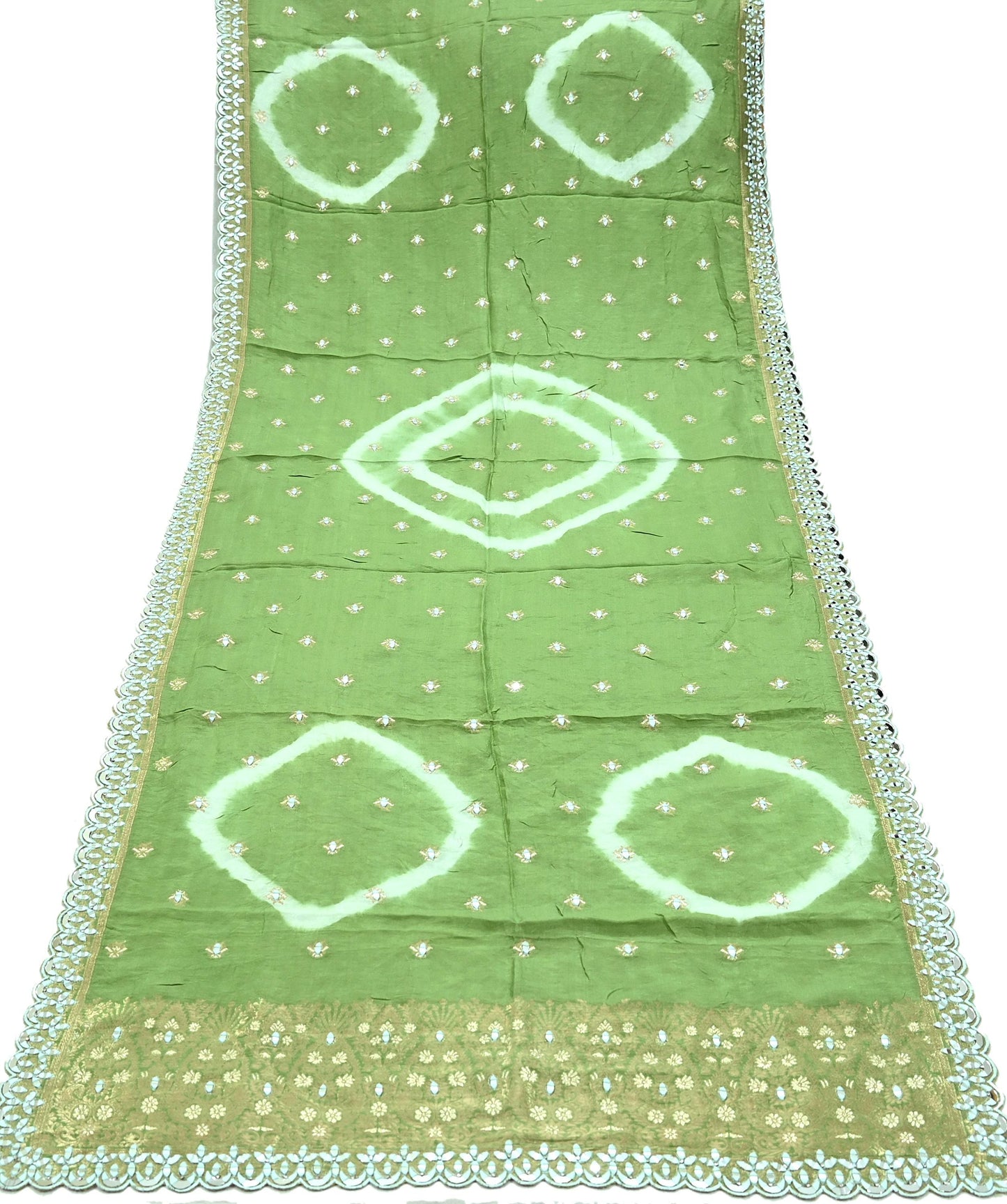 Indian Vintage Green Dupatta Long Stole Blend silk Woven Brocade Scarves Veil Scarf Wrap Hippie Boho Soft Floral Mirror