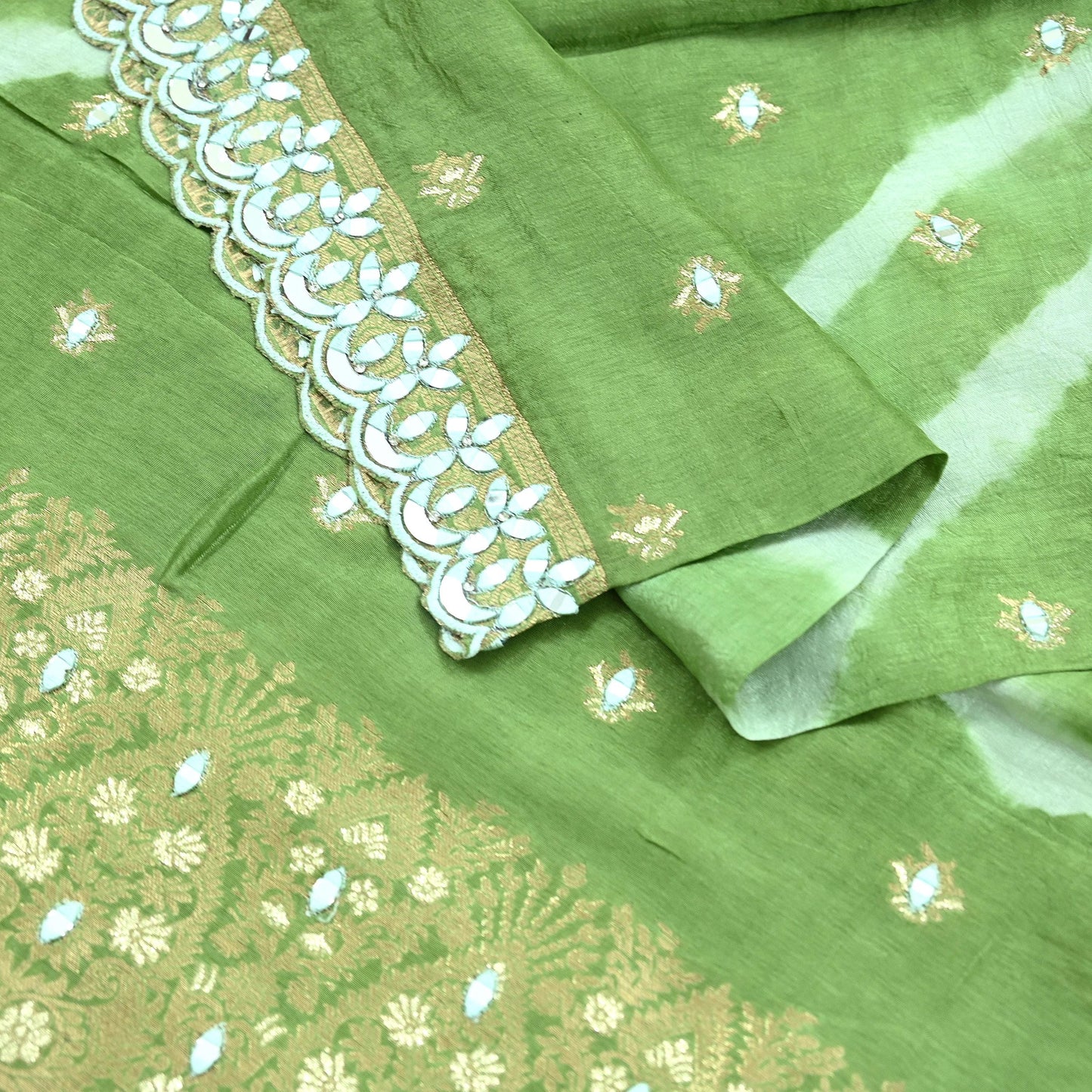 Indian Vintage Green Dupatta Long Stole Blend silk Woven Brocade Scarves Veil Scarf Wrap Hippie Boho Soft Floral Mirror
