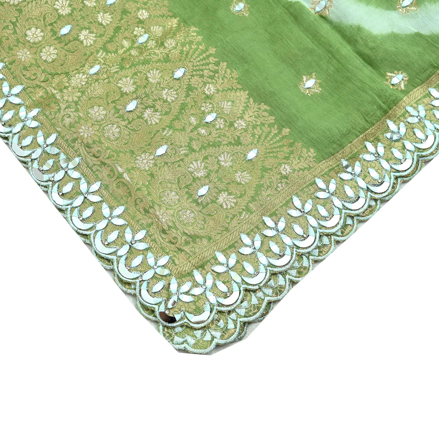 Indian Vintage Green Dupatta Long Stole Blend silk Woven Brocade Scarves Veil Scarf Wrap Hippie Boho Soft Floral Mirror