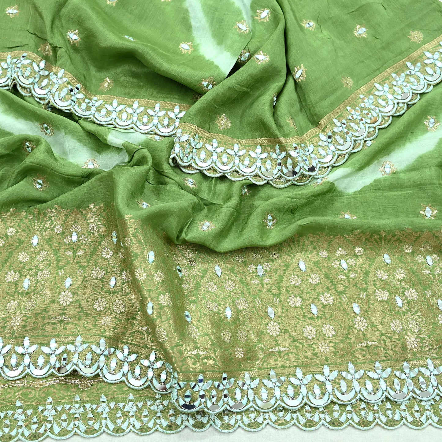Indian Vintage Green Dupatta Long Stole Blend silk Woven Brocade Scarves Veil Scarf Wrap Hippie Boho Soft Floral Mirror