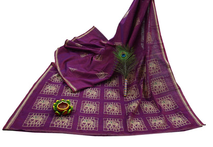 Indian Vintage Sari Purple Pure Cotton Hand Woven Sarees Craft Fabric 5yd Ethnic Crafting Quilting Dress Making Quilting Upcycle Elephants