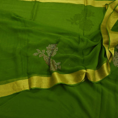 Indian Vintage Sari Green Blend Chiffon Woven Sarees Sari 5Yd Craft Fabric Dress Making Sewing Crafting Zari Border