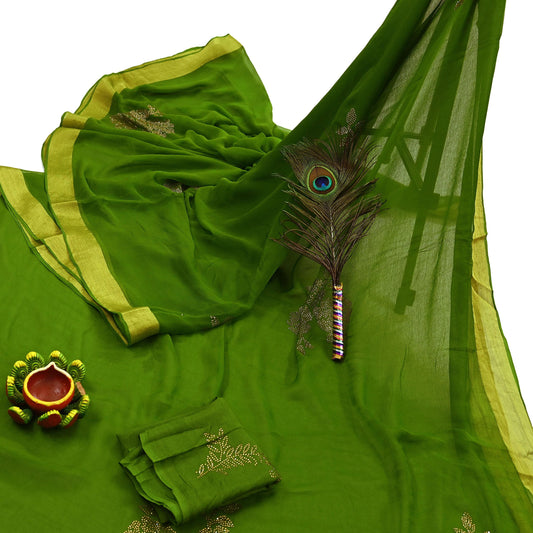 Indian Vintage Sari Green Blend Chiffon Woven Sarees Sari 5Yd Craft Fabric Dress Making Sewing Crafting Zari Border