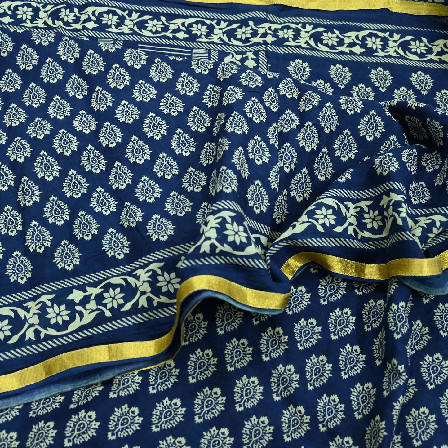 Indian Vintage Sari Blue Pure Chanderi Cotton Hand Block Printed Sarees 5Yd Craft Fabric Soft Sewing Sarong Dress Making Quilting