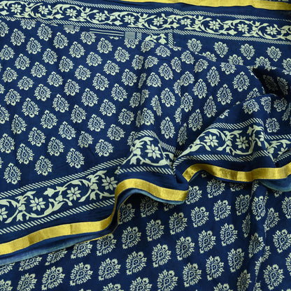 Indian Vintage Sari Blue Pure Chanderi Cotton Hand Block Printed Sarees 5Yd Craft Fabric Soft Sewing Sarong Dress Making Quilting