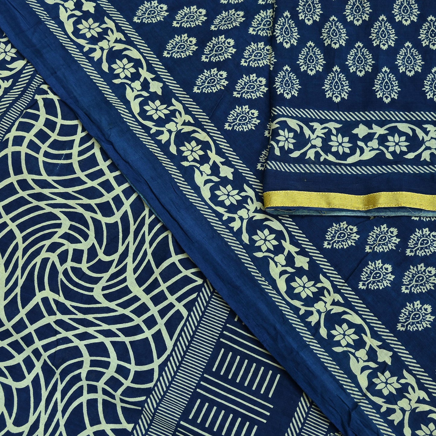 Indian Vintage Sari Blue Pure Chanderi Cotton Hand Block Printed Sarees 5Yd Craft Fabric Soft Sewing Sarong Dress Making Quilting