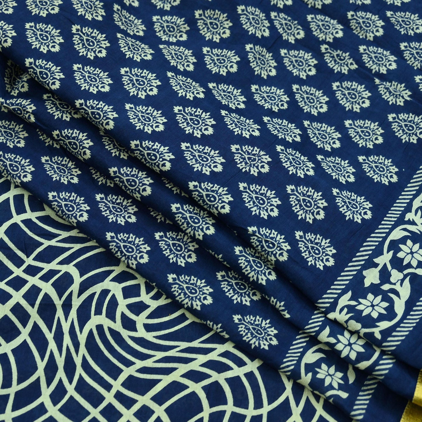 Indian Vintage Sari Blue Pure Chanderi Cotton Hand Block Printed Sarees 5Yd Craft Fabric Soft Sewing Sarong Dress Making Quilting