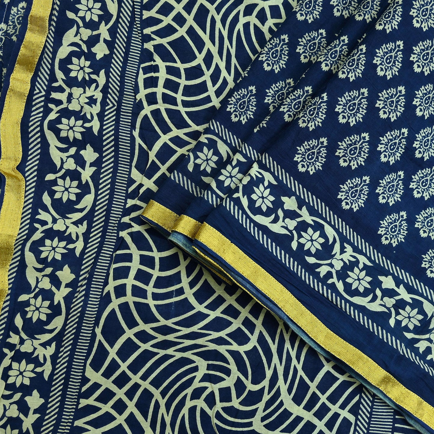 Indian Vintage Sari Blue Pure Chanderi Cotton Hand Block Printed Sarees 5Yd Craft Fabric Soft Sewing Sarong Dress Making Quilting