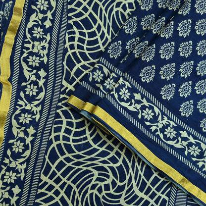 Indian Vintage Sari Blue Pure Chanderi Cotton Hand Block Printed Sarees 5Yd Craft Fabric Soft Sewing Sarong Dress Making Quilting
