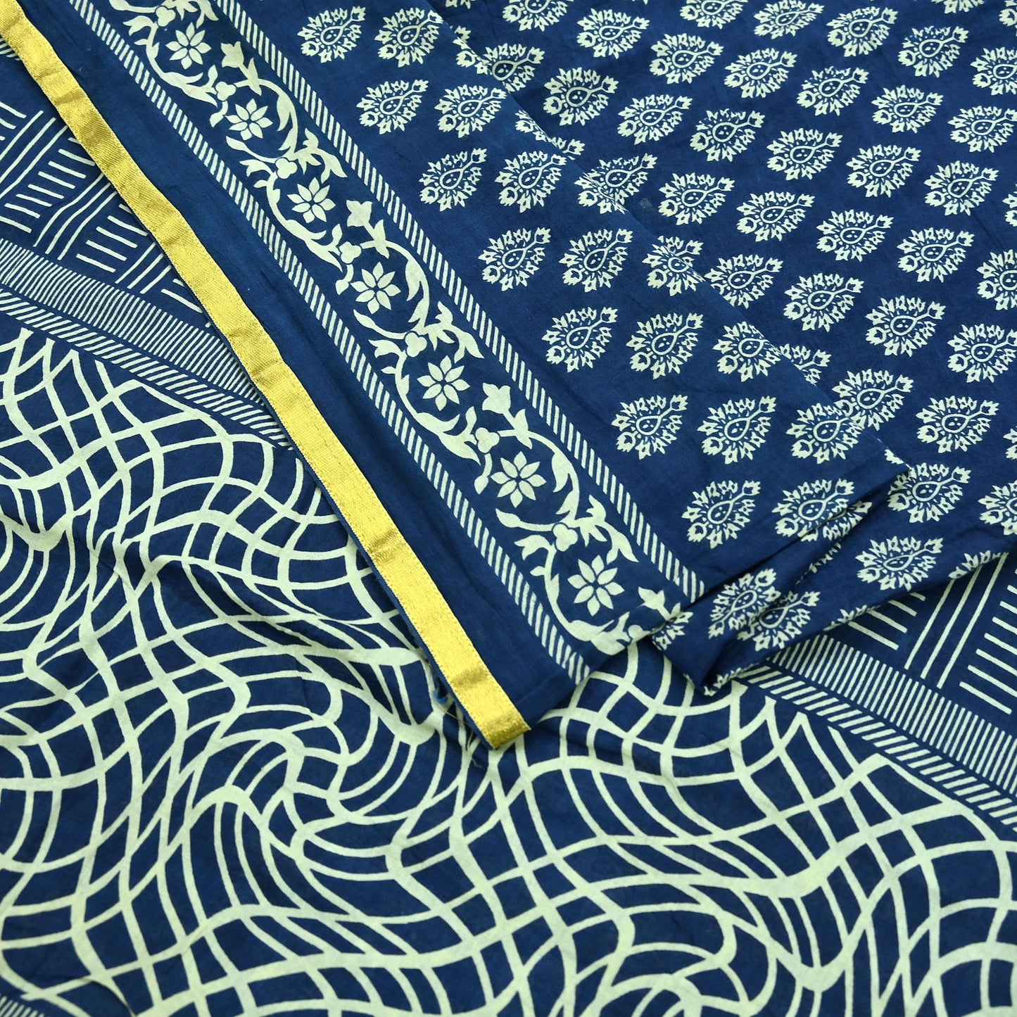 Indian Vintage Sari Blue Pure Chanderi Cotton Hand Block Printed Sarees 5Yd Craft Fabric Soft Sewing Sarong Dress Making Quilting