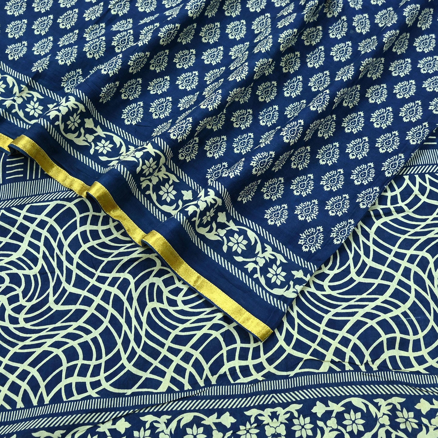 Indian Vintage Sari Blue Pure Chanderi Cotton Hand Block Printed Sarees 5Yd Craft Fabric Soft Sewing Sarong Dress Making Quilting