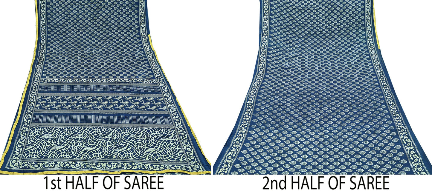 Indian Vintage Sari Blue Pure Chanderi Cotton Hand Block Printed Sarees 5Yd Craft Fabric Soft Sewing Sarong Dress Making Quilting