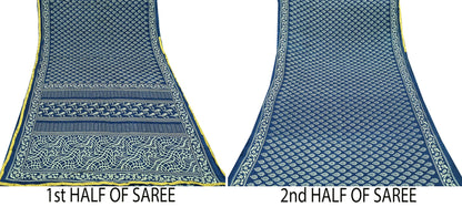 Indian Vintage Sari Blue Pure Chanderi Cotton Hand Block Printed Sarees 5Yd Craft Fabric Soft Sewing Sarong Dress Making Quilting
