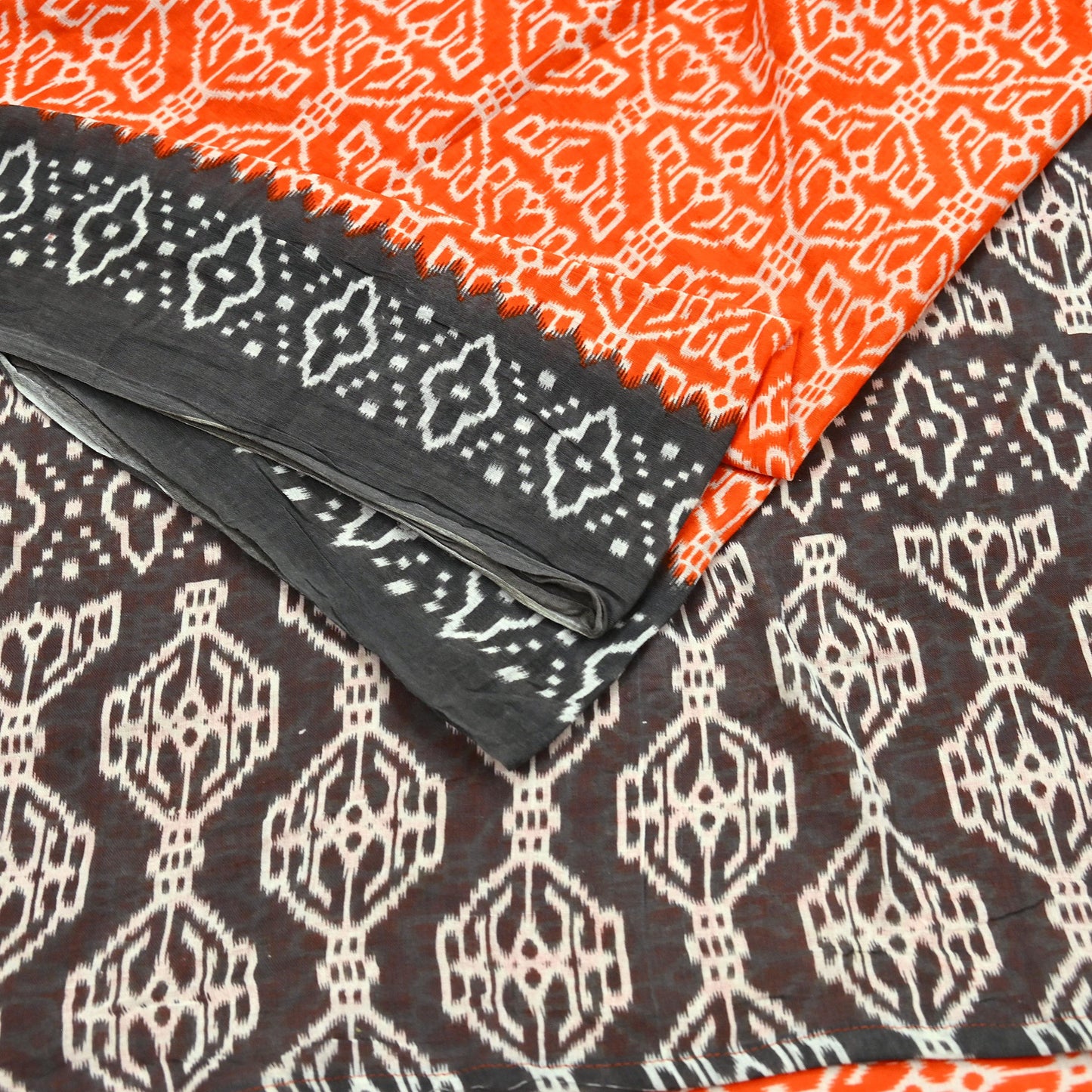 Indian Vintage Sari Brown & Orange Printed Pure Cotton Sarees Craft Soft Fabric 5Yd Sewing Sarong Wrap Boho Floral Upcycle Dress making