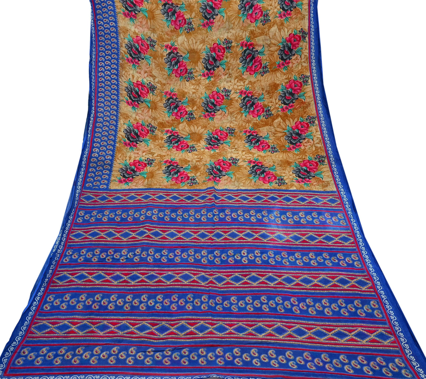 Indian Vintage Saffron & Blue Saree Printed Pure Cotton Sari Craft Fabric 5Yd Sewing Soft Sarong Wrap Boho Floral Quilting Crafting